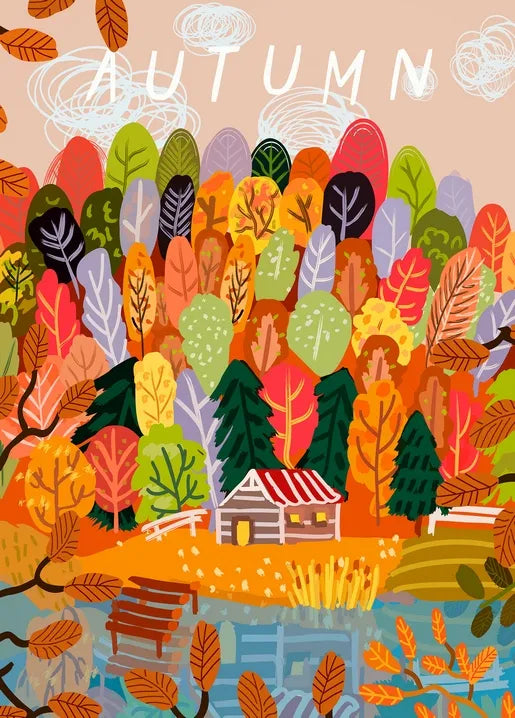 Colorful autumn forest lake postcard with a cabin, wooden bridge and fall foliage