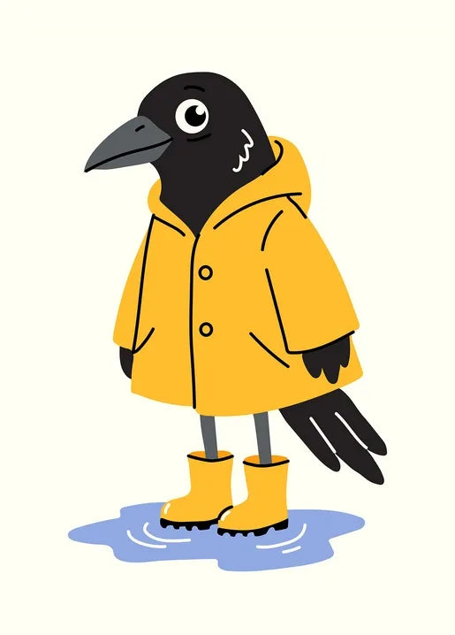 Rainy day autumn postcard with a black crow wearing a yellow raincoat and rain boots