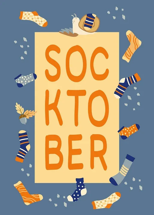 October autumn postcard with colorful cozy socks, a small snail and an October message