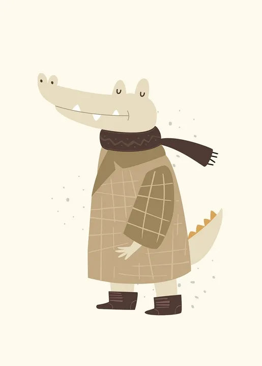 Cozy autumn postcard with a cute crocodile wearing a checked coat, scarf and boots