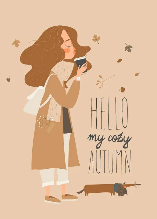 Hello My Cozy Autumn postcard with a girl drinking coffee while walking with a dog