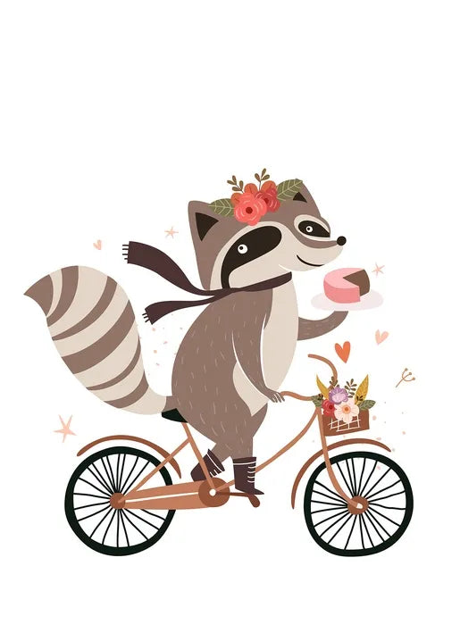 Raccoon bicycle postcard with a cute raccoon riding a vintage bike with flowers