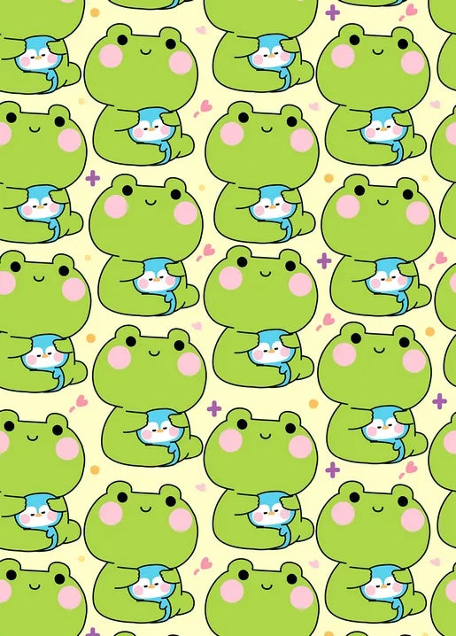 Cute animal postcard with green frogs cuddling tiny friends in blue scarves