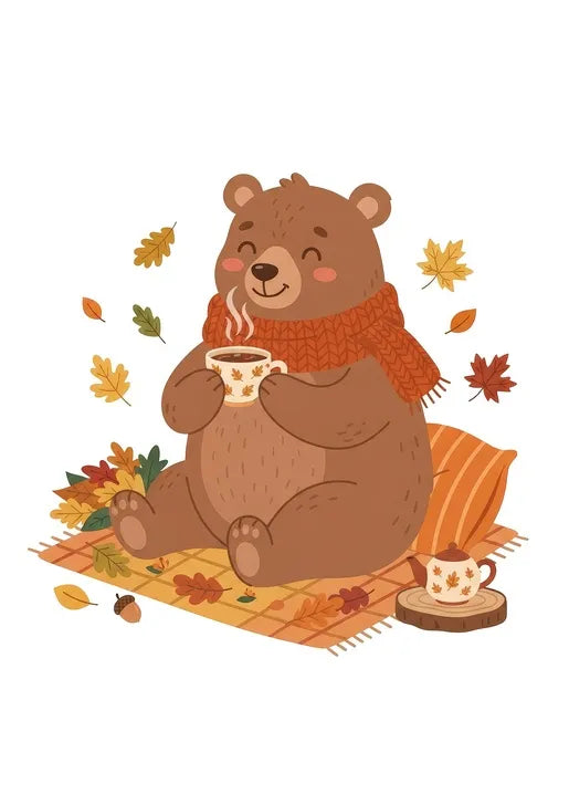 Cozy autumn bear postcard with a brown bear drinking tea on a plaid blanket