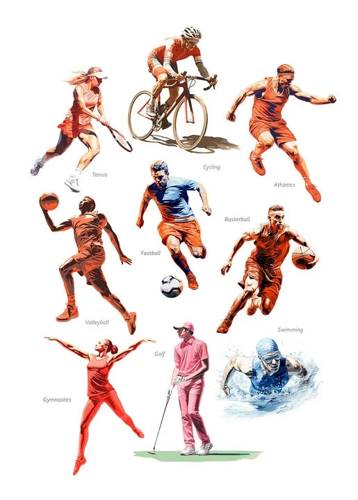 Multisport postcard featuring athletes playing tennis, cycling, basketball, football, golf and swimming
