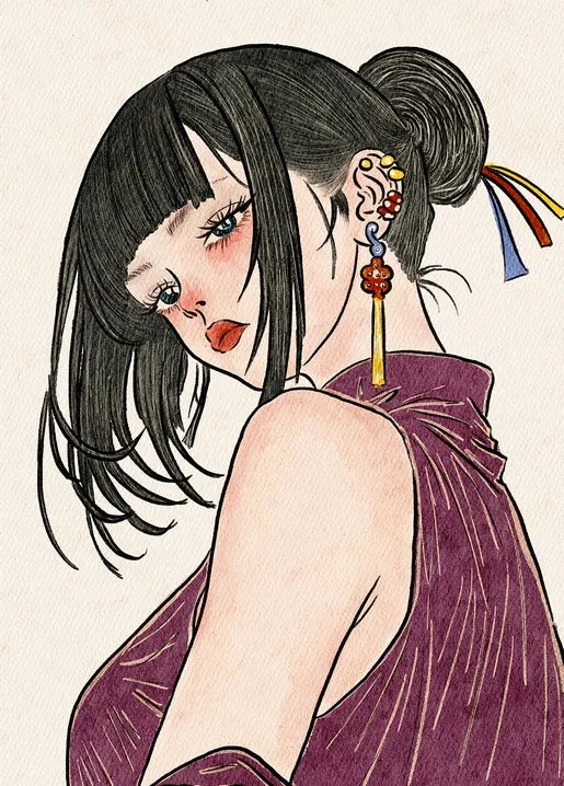 Elegant girl portrait postcard with a dark-haired woman in a purple outfit and decorative earrings