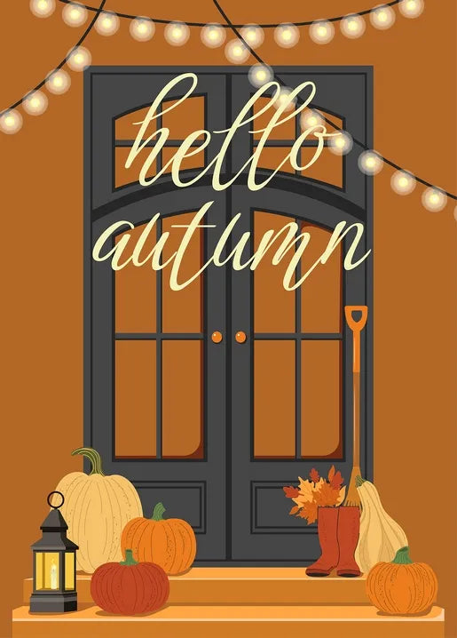 Hello Autumn postcard with a decorated front door, pumpkins, lantern, boots and string lights