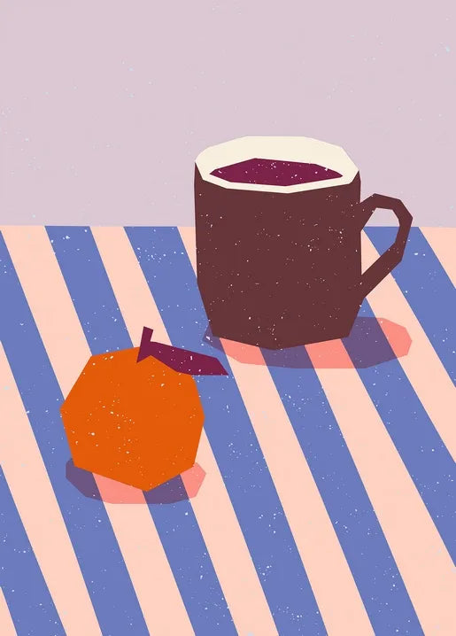 Autumn coffee postcard with a warm cup of coffee and orange fruit on a striped tablecloth