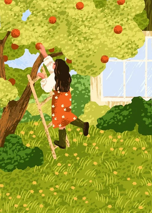 Apple picking autumn postcard with a woman climbing a ladder to pick apples from a tree