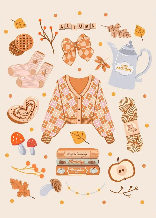 Cozy autumn postcard with cardigan, coffee, yarn, books, apples and fall leaves
