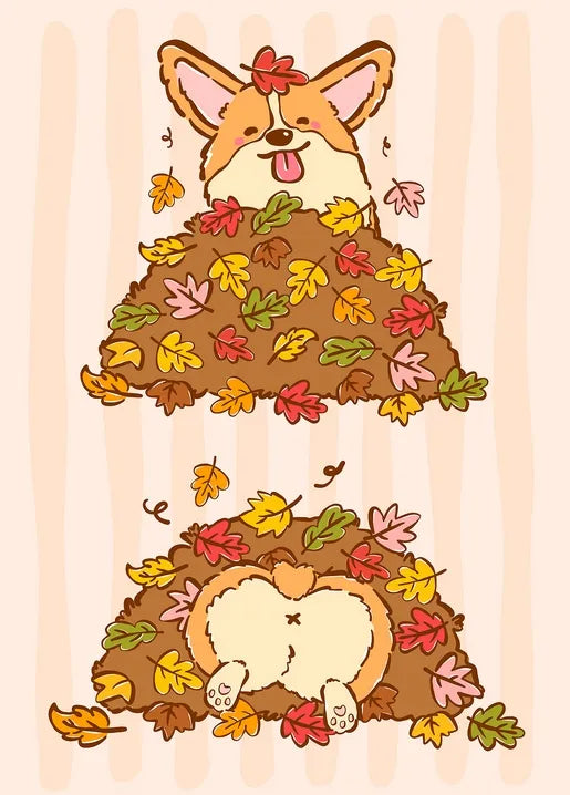 Corgi autumn postcard with a happy corgi covered in colorful fall leaves