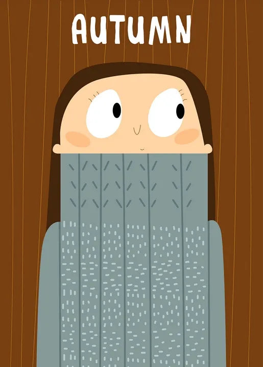 Autumn cozy sweater postcard with a girl wrapped in a large knitted gray sweater