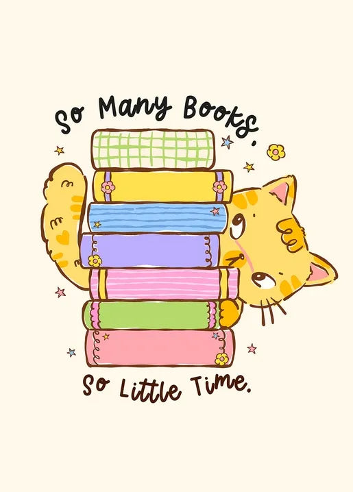 Book lover postcard with a cute orange cat hiding behind a colorful stack of books