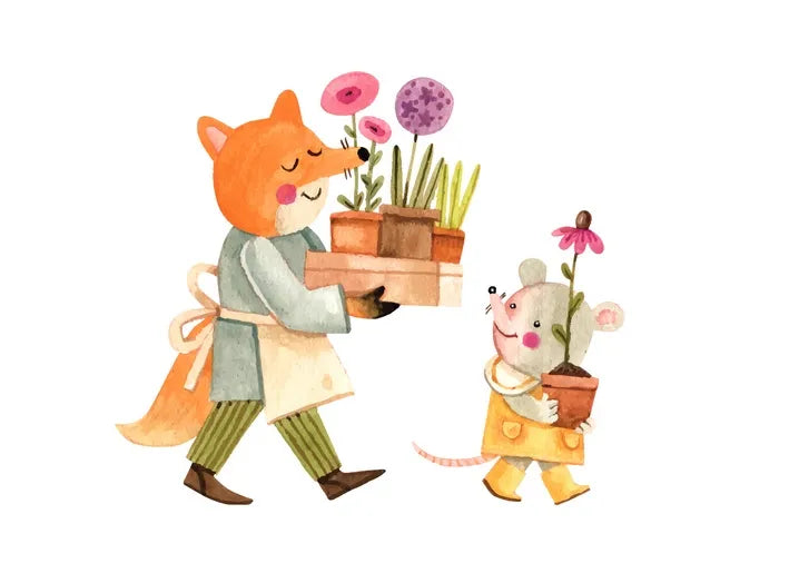Woodland animal postcard with a fox and mouse carrying potted flowers together