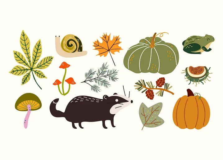 Autumn woodland postcard with forest animals, pumpkins, mushrooms, acorns, leaves and pine branches