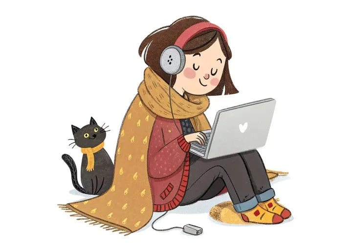 Cozy autumn postcard with a woman using a laptop and headphones beside a black cat