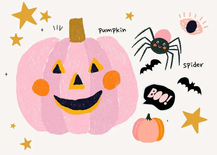 Cute Halloween postcard with a large pink jack-o-lantern, spider, bats and stars