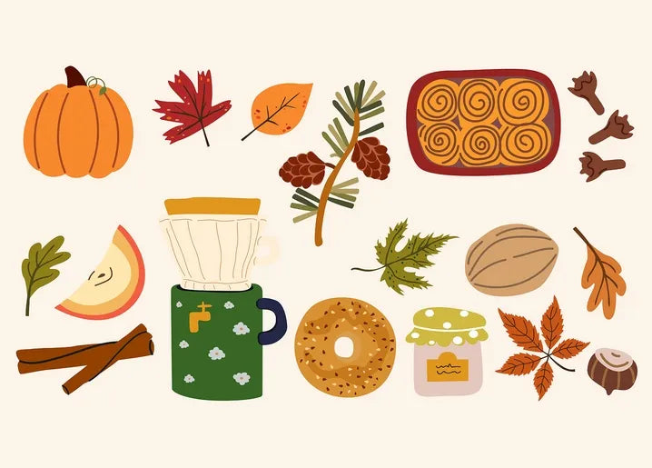Cozy autumn lifestyle postcard with pumpkins, books, tea, yarn and seasonal fall decorations