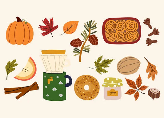 Cozy autumn lifestyle postcard with pumpkins, books, tea, yarn and seasonal fall decorations