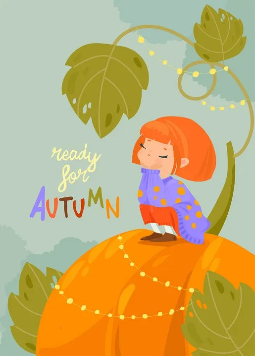 Fall postcard with a red-haired girl sitting on a giant orange pumpkin