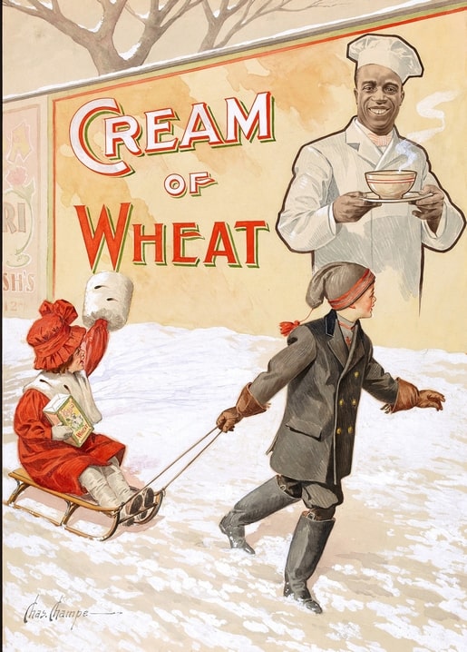 Ілюстрація вінтажної реклами Cream of Wheat: діти на санчатах у снігу та кухар із мискою