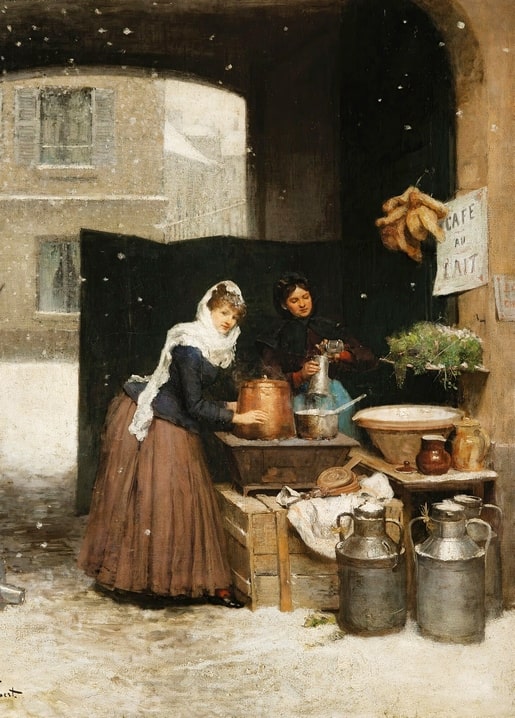 Victor Gabriel Gilbert painting of two women serving café au lait in a snowy Paris courtyard