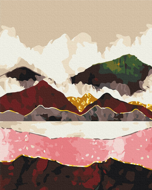 Crimson and green mountain ridges outlined in gold above a blush-pink band