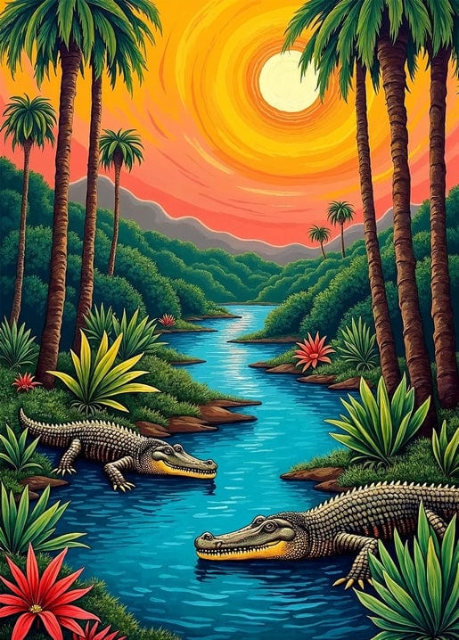 Illustrierte Krokodile im Dschungelfluss vor glühendem Sonnenuntergang