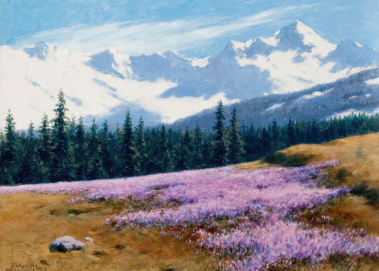 Painting of a pink crocus meadow with pine forest and snow-capped mountains behind
