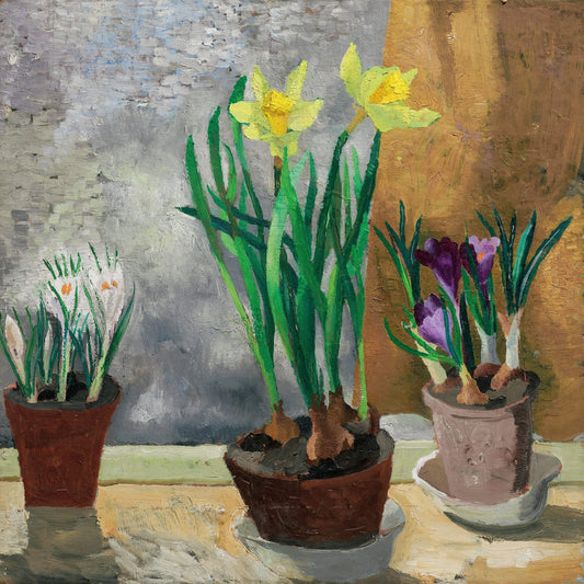 White and purple crocuses with yellow daffodils in clay pots on a windowsill, still-life painting