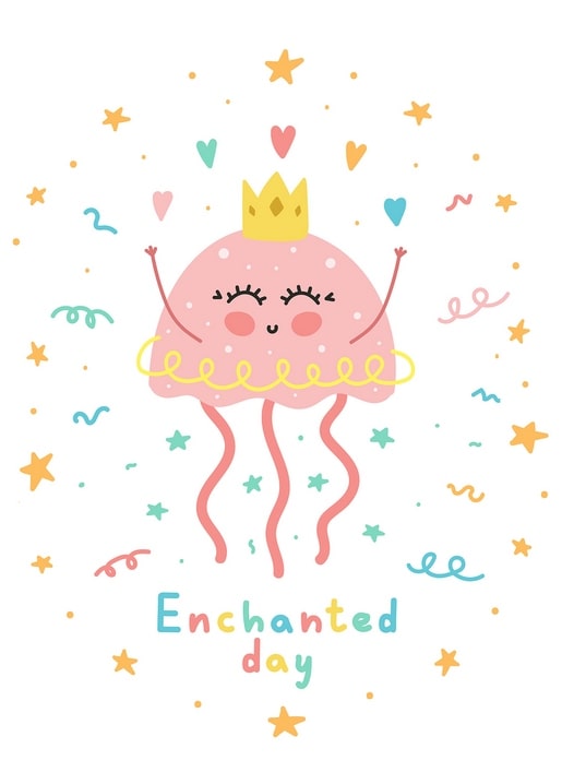 Crowned pink jellyfish among stars, hearts, and confetti with the message 'Enchanted day'