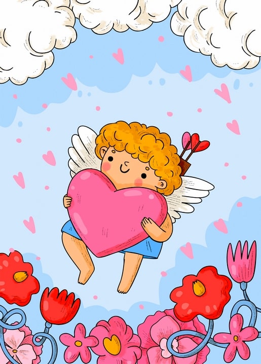 Curly-haired cupid with wings and a quiver hugging a giant pink heart among clouds and red poppies.