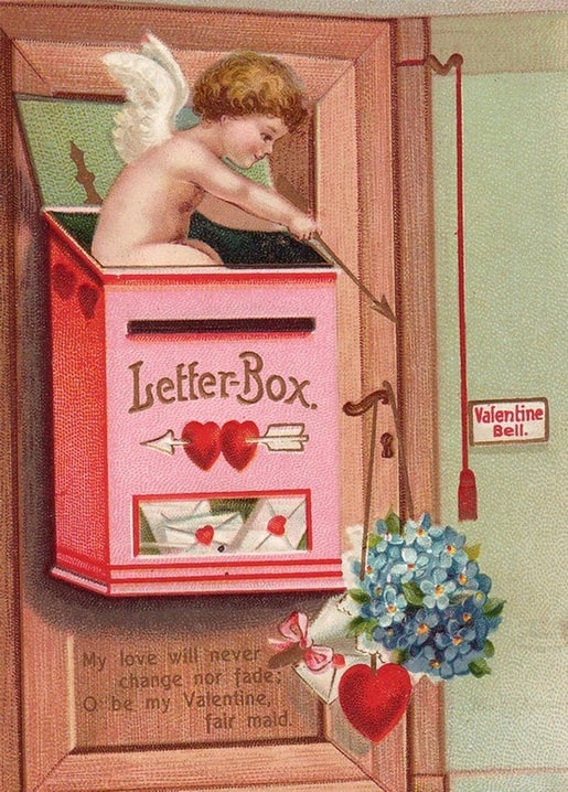 Vintage illustration of a cherub posting letters at a pink heart-decorated Letter-Box
