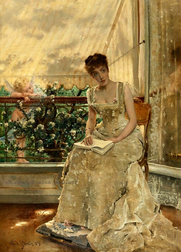 Frau liest auf der Veranda, während ein geflügelter Amor Rosen und einen Zettel reicht, Gemälde von Alfred Stevens
