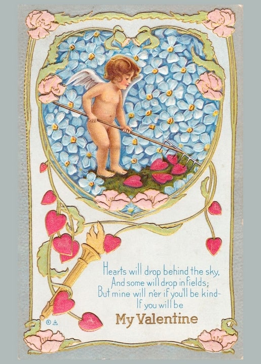 Winged cupid raking red hearts among blue forget-me-nots inside a heart-shaped floral frame.