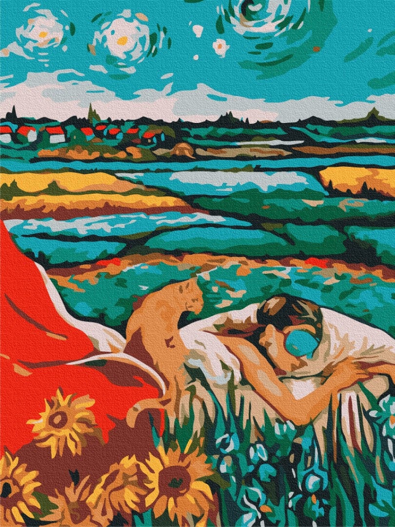 Orange cat curled beside a sleeping woman under a Van Gogh-style starry sky