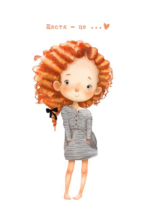 Illustrated postcard of a curly-haired redhead girl in a striped dress with a black hair bow