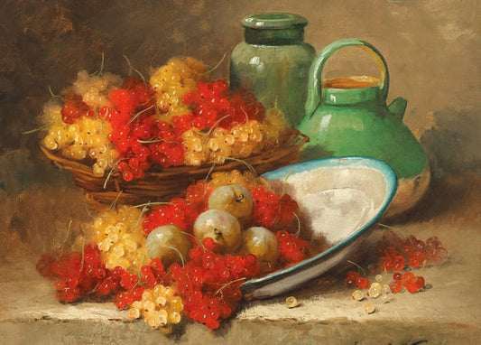 Red and golden currants, green plums, and a green stoneware pitcher and jar on a stone ledge