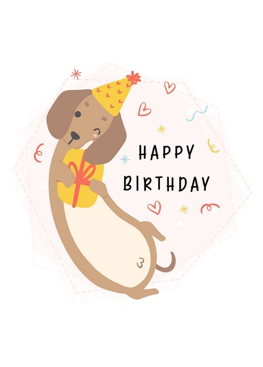 Illustrated dachshund in a party hat holding a wrapped birthday gift, surrounded by hearts and confetti