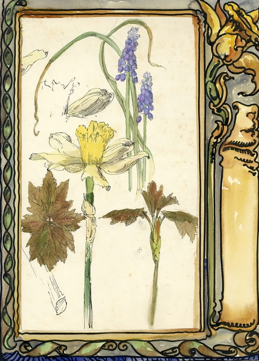 Aquarell-Illustration von Narzisse und Traubenhyazinthe im Jugendstilrahmen
