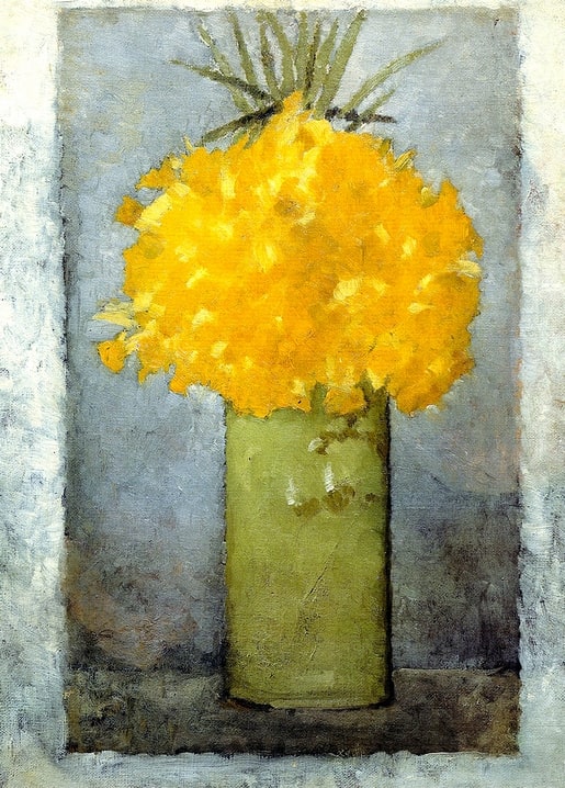 Pierre Bonnard painting of bright yellow daffodils in a pale green pot against a grey-blue background