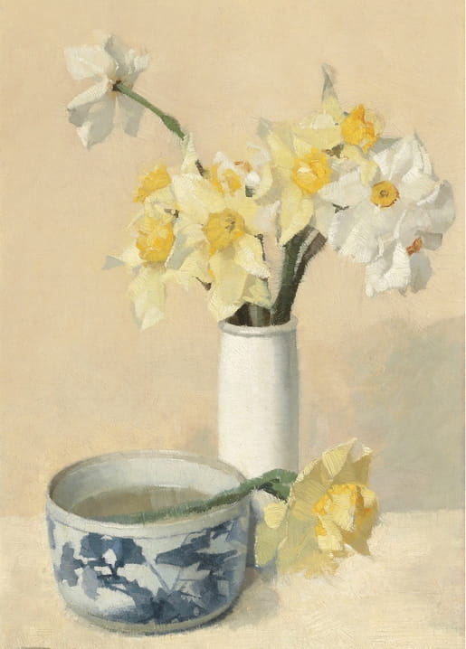 Still life oil painting of daffodils and narcissi in a white vase with a blue porcelain bowl
