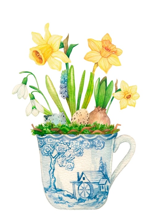 Watercolor illustration of daffodils, snowdrops, and hyacinth growing from a vintage teacup with quail eggs and moss.