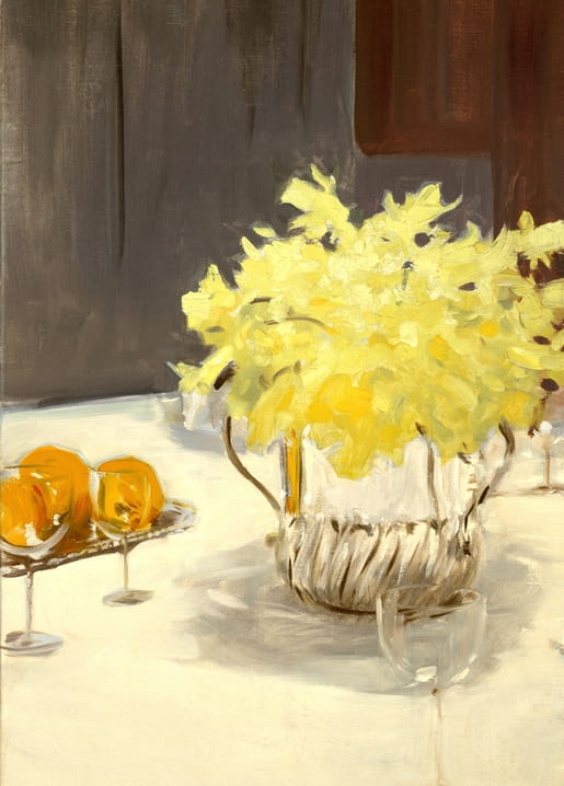 Still life oil painting of daffodils in a silver vase with oranges and wine glasses