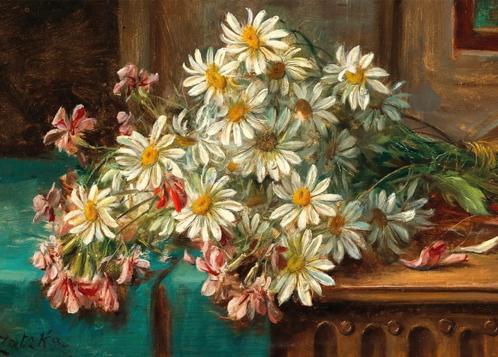 Still life of white daisies and pink blossoms on a teal-draped table