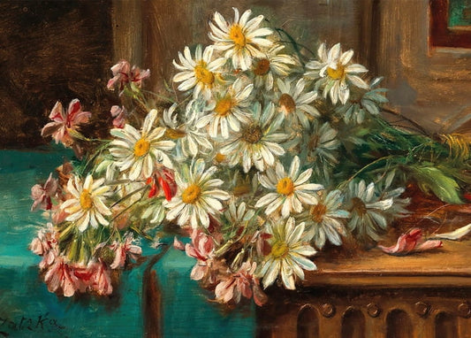 Still life of white daisies and pink blossoms on a teal-draped table