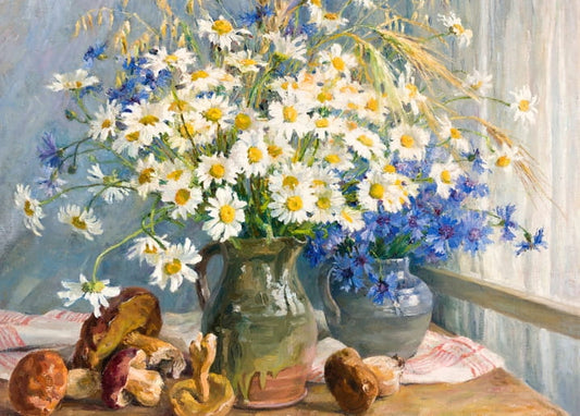 Still life of daisies and cornflowers in two jugs with wild mushrooms and wheat ears, painting by Lilly Walther