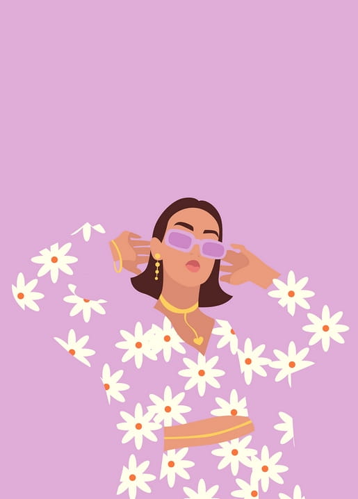 Illustration einer Frau im Gänseblümchen-Kleid, die ihre Sonnenbrille richtet