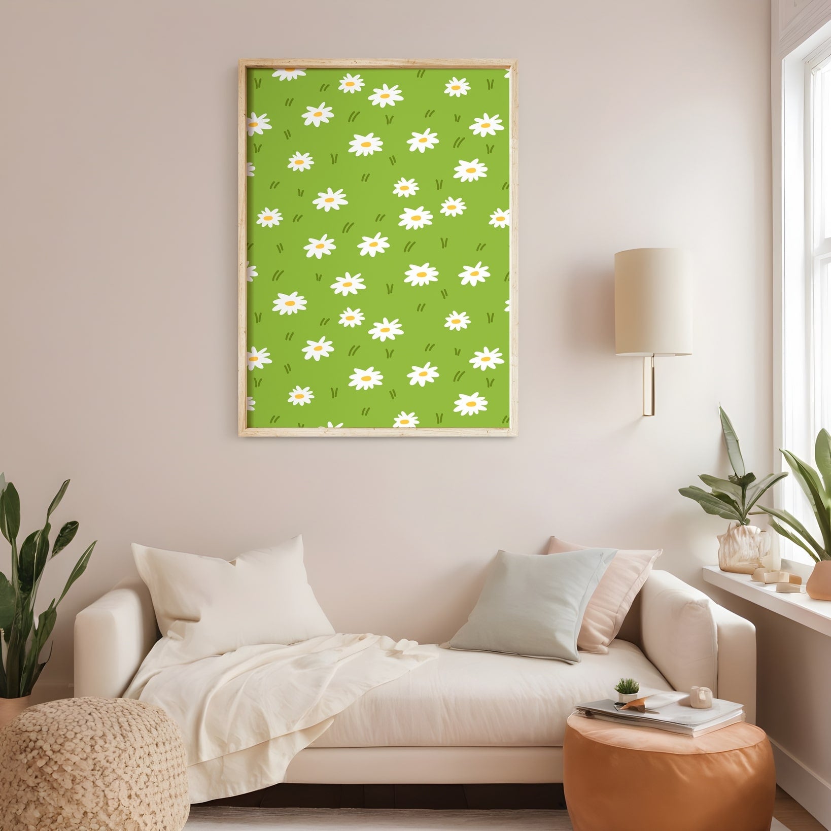 Daisy pattern poster framed above a cream sofa in a living room