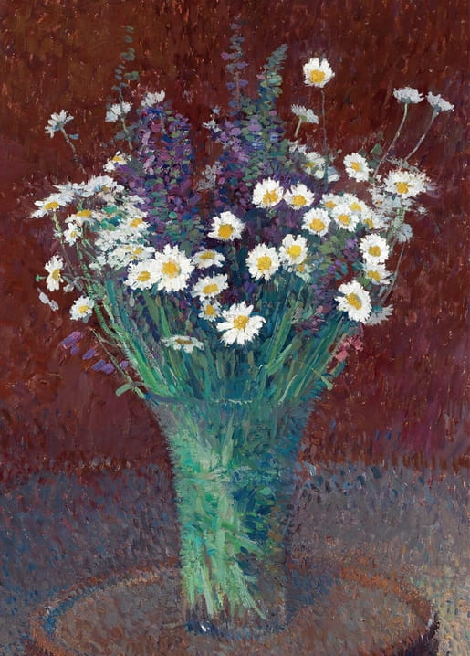 Still-life painting of white daisies and purple wildflowers in a glass vase by Henri Martin